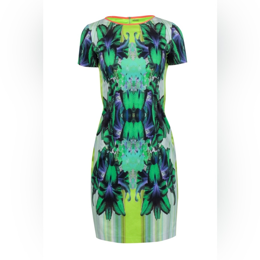 ELLIE TAHARI - Show Stopper Lime Green & Blue Short Sleeve Women's Dress